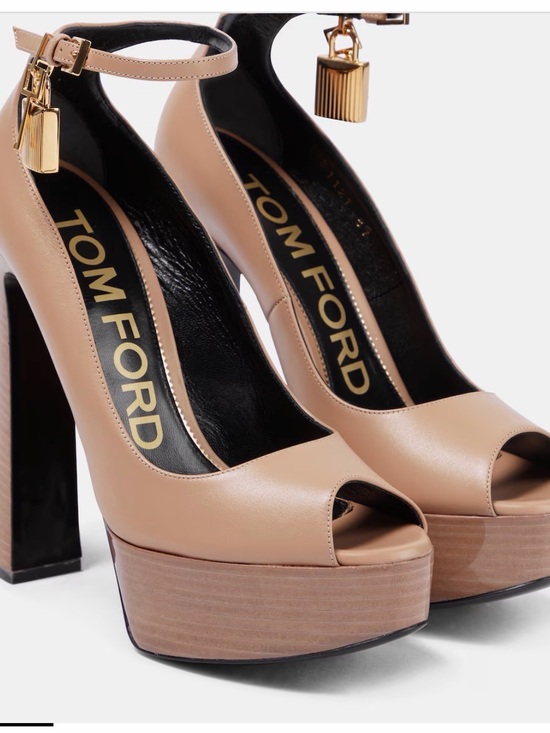 Tom Ford Shoes - Tom Ford Nude Beige Leather Peep-Toe Platform Heels with Gold Padlock